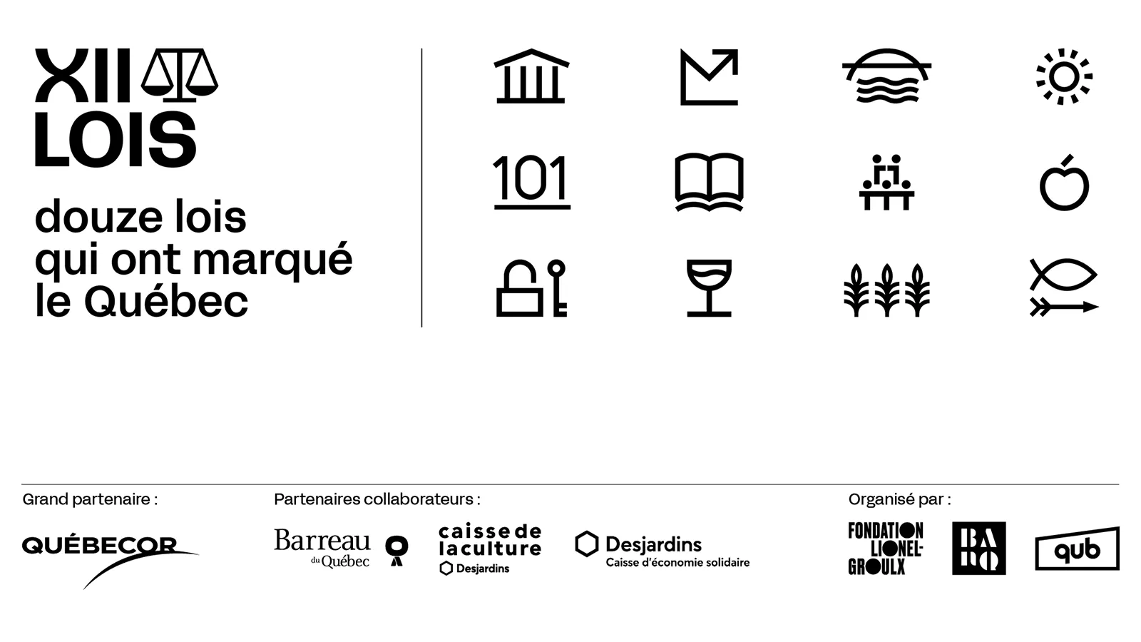 Douze lois qui ont marqué le Québec - Icônes de conférences et logos des partenaires