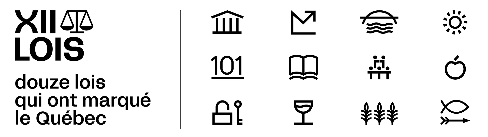 Douze lois qui ont marqué le Québec - Logo principal avec 12 pictogrammes sur fond blanc