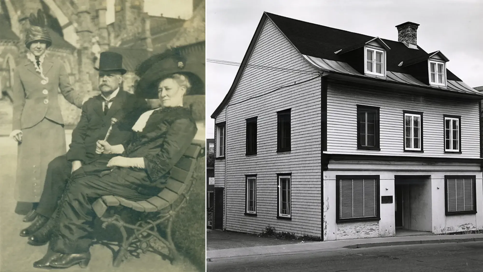 Albertine, Alphonse et Dorimène Desjardins (vers 1915). À droite : lieu de fondation du Mouvement Desjardins.