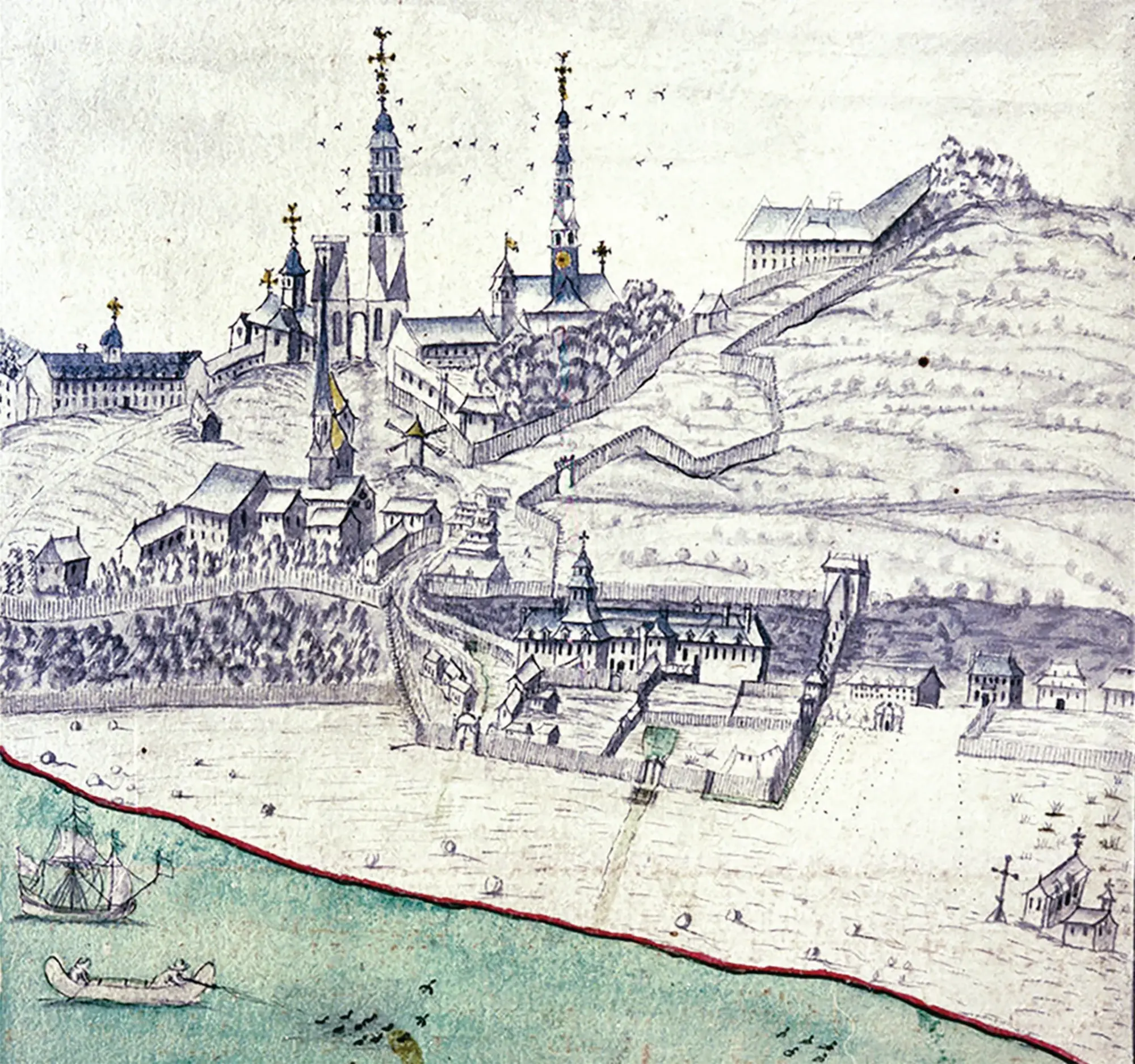 Vue de Québec, avec le palais de l’intendant à l’avant-plan (1699). Source&nbsp;: Bibliothèque et Archives nationales du Québec.
