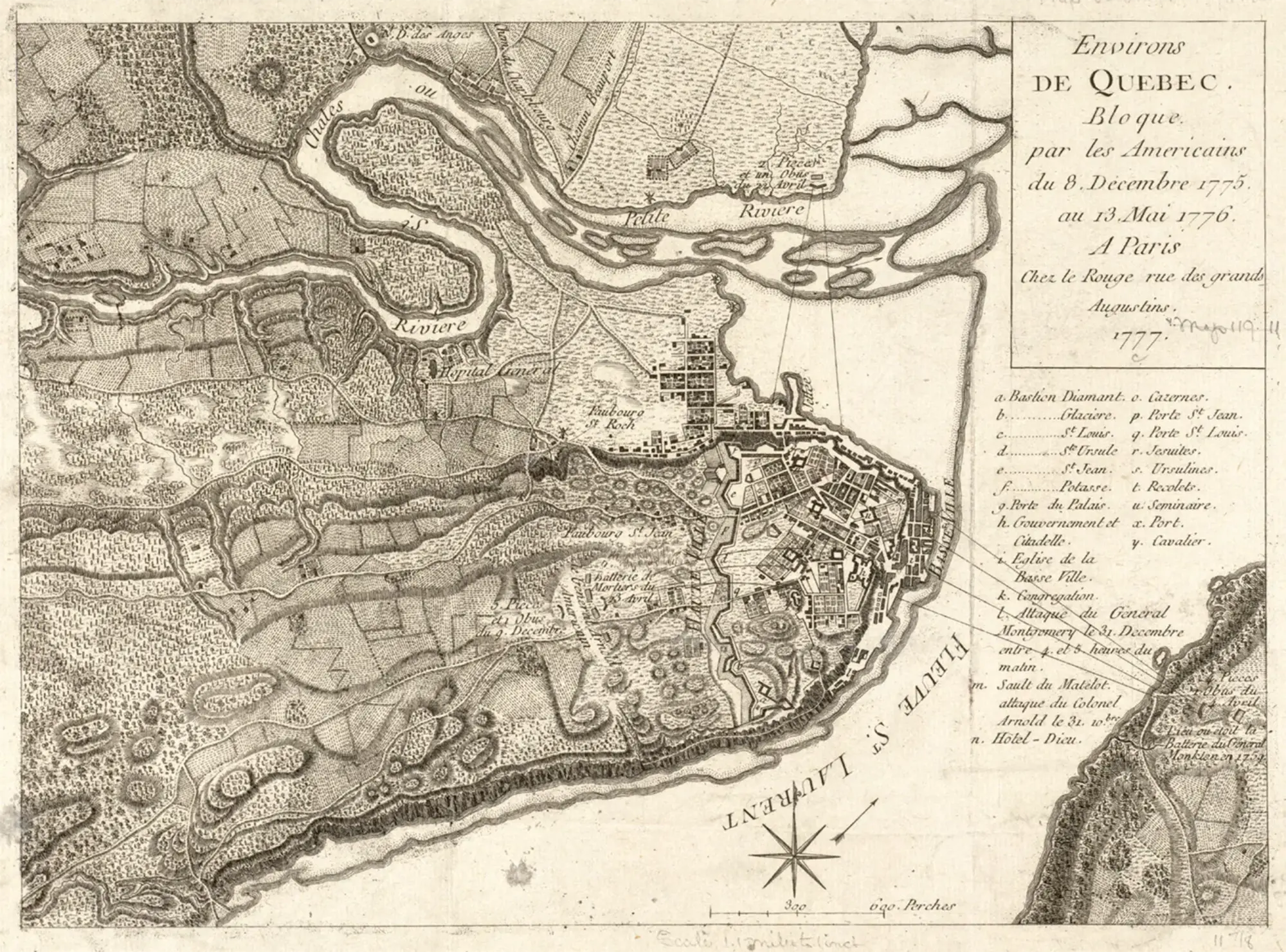 Environs de Québec bloqué par les Americains du 8 décembre 1775 au 13 mai 1776. Gravure de Georges-Louis Le Rouge, Paris, 1777.