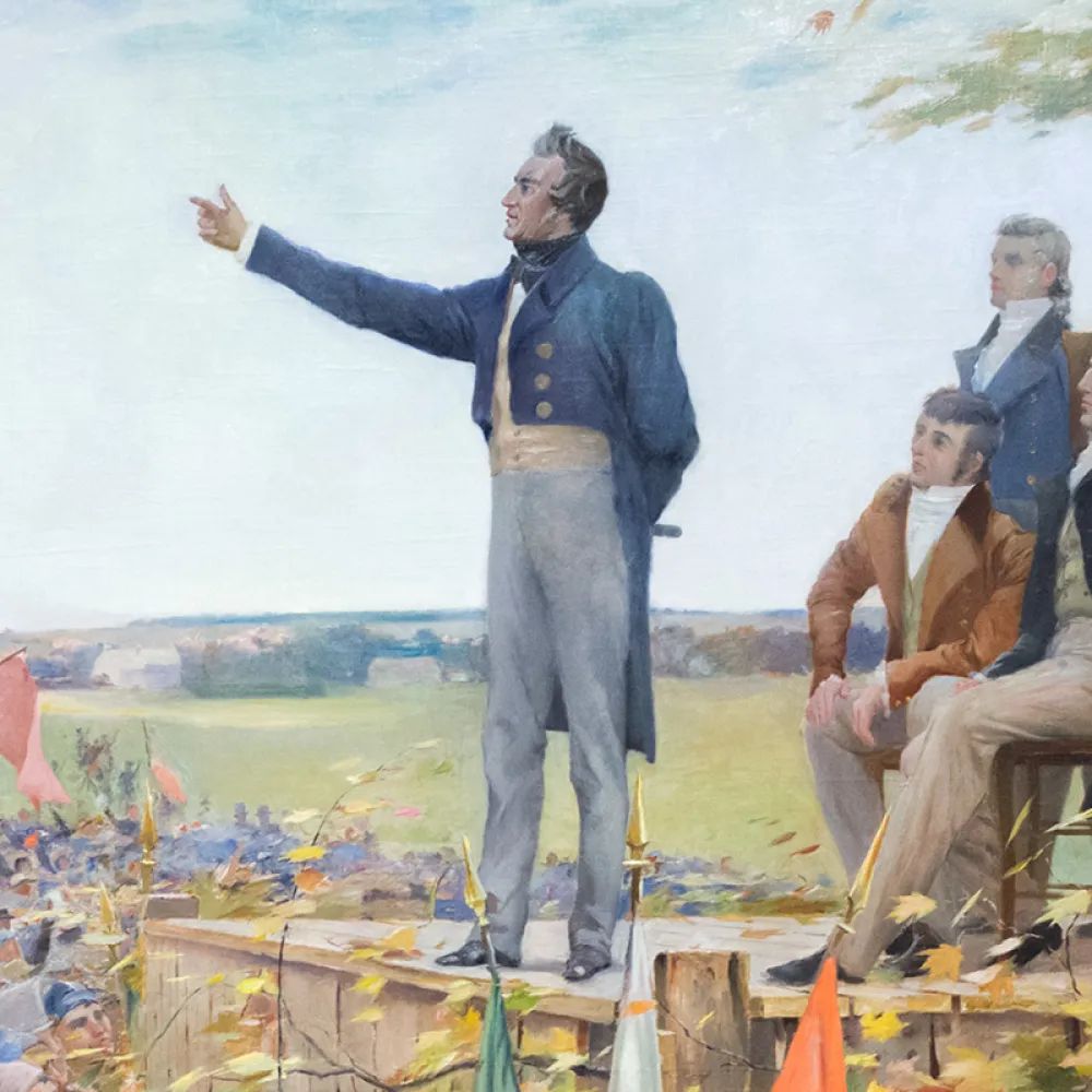 L’Assemblée des six comtés à Saint-Charles-sur-Richelieu, en 1837 (détail). Huile sur toile, Charles Alexander Smith, 1891, domaine public.