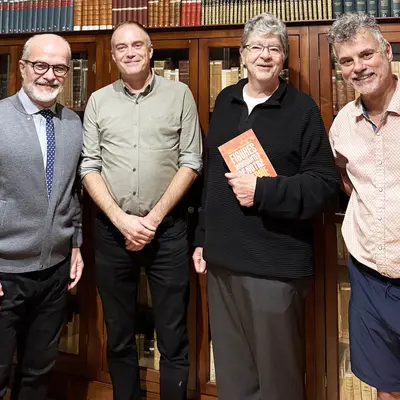 Éric Bédard en compagnie des auteurs Mathieu Thomas, Robert Laplante et Gilles-Laporte