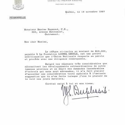 Lettre de Maurice Duplessis à Maxime Raymond, datée du 16 novembre 1957.