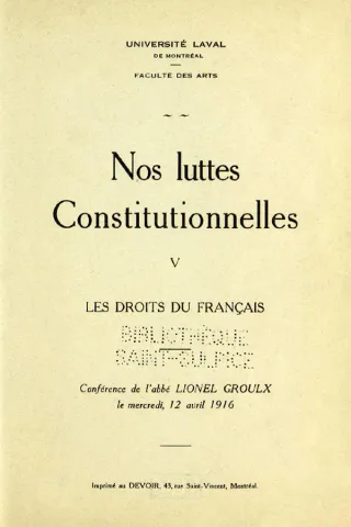 Nos luttes constitutionnelles. V. Les droits du français (page couverture)